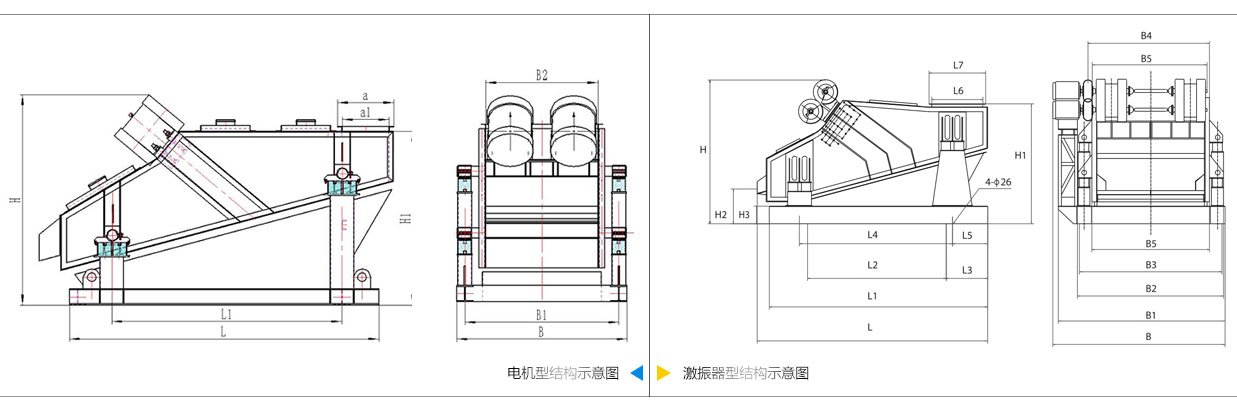 矿用(yòng)振动筛電(diàn)机振动式和激振器振动式的内部结构尺寸图。