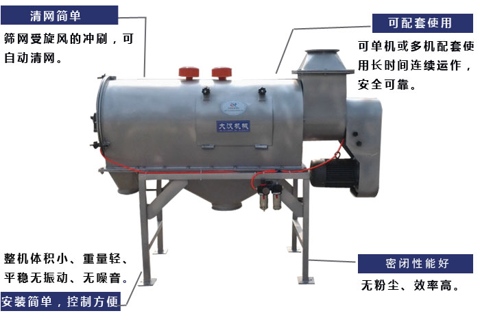 气旋筛工作原理(lǐ)：筛网受旋风的冲刷，可(kě)自动清网，单机或多(duō)机配套使用(yòng)長(cháng)时间连续运作，安全可(kě)靠。