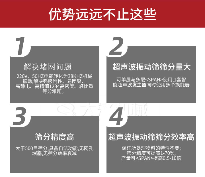 超声波振动筛优势：1，高效解决堵网问题220V，50HZ電(diàn)能(néng)转化為(wèi)38KHZ机械振动，解决强吸附性，易团聚，高静電(diàn)，高精细1234高密度，轻比重等难题。2，超声振动筛筛分(fēn)量大：可(kě)单层与多(duō)层使用(yòng)1套只能(néng)超声波发生器同时使用(yòng)多(duō)个换能(néng)器。3，适合大于500目筛分(fēn)，具备自洁功能(néng)，无网孔堵塞，无筛分(fēn)效率衰减。4，超声波振动筛筛分(fēn)效率高：保证所处理(lǐ)物(wù)料的特性不变，筛分(fēn)精度可(kě)提高1-70%。