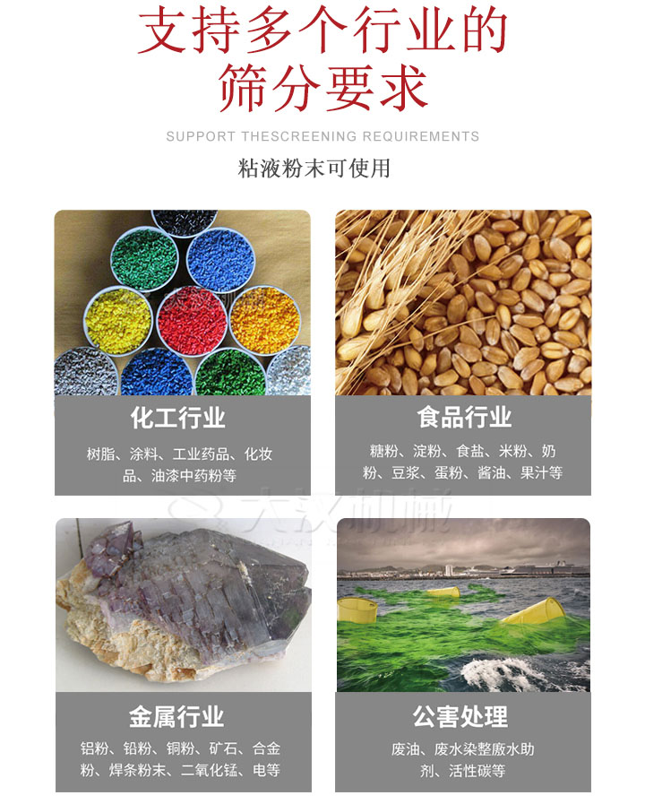 适用(yòng)于化工行业，食品行业，金属行业，以及公害处理(lǐ)等行业。化工行业：树脂，涂料，工业药品，化妆品，油漆，中药粉等;食品行业：糖粉，淀粉，食用(yòng)盐，米粉，奶粉，豆浆，蛋粉，酱油，果汁等;金属行业：铝粉，铅粉，铜粉，矿石，合金粉，焊条粉末，二氧化锰，電(diàn)等。公害处理(lǐ)：废油，废水染整廒水助剂，活性炭等。超声波振动筛支持挑选定制常见的有(yǒu)：不锈钢，碳钢，全不锈钢三种规格。不锈钢：耐腐蚀，耐高温适合化工行业,碳钢：钢性强，硬度高经久耐用(yòng),全不锈钢：机身经久耐用(yòng)不易生锈不易腐蚀超声波振动筛共有(yǒu)一到四层可(kě)供选择。大汉超声波振动筛优势：筛分(fēn)效率高，筛分(fēn)精度高，产量可(kě)提高0.5-10倍适用(yòng)于：大米，米粉，绿豆，小(xiǎo)米等。轻松解决堵网问题适用(yòng)10目-635目之间的物(wù)料。